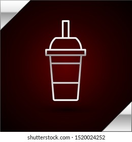 Silver line Paper glass with drinking straw and water icon isolated on dark red background. Soda drink glass. Fresh cold beverage symbol.  Vector Illustration