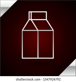 Silver line Paper package for milk icon isolated on dark red background. Milk packet sign.  Vector Illustration
