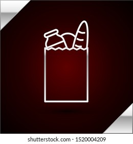 Silver line Paper shopping bag and food icon isolated on dark red background. Food store, supermarket.  Vector Illustration