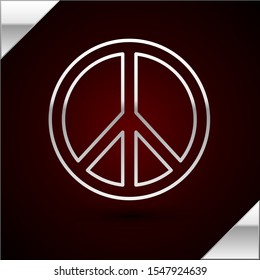 Silver line Peace icon isolated on dark red background. Hippie symbol of peace.  Vector Illustration