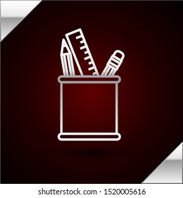 Silver line Pencil case stationery icon isolated on dark red background. Pencil, pen, ruler in a glass for office.  Vector Illustration