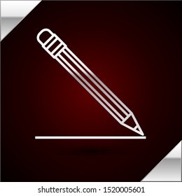 Silver line Pencil with eraser and line icon isolated on dark red background. Education sign. Drawing and educational tools. School office symbol.  Vector Illustration