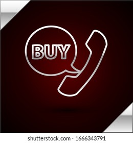 Silver line Phone and speech bubble with text Buy icon isolated on dark red background. Online buying symbol. Supermarket basket symbol.  Vector Illustration