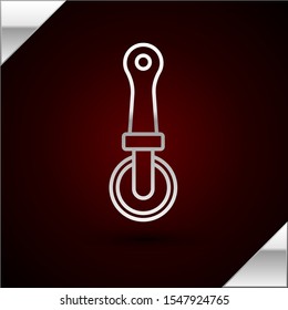 Silver line Pizza knife icon isolated on dark red background. Pizza cutter sign. Steel kitchenware equipment.  Vector Illustration