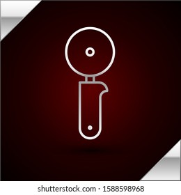 Silver line Pizza knife icon isolated on dark red background. Pizza cutter sign. Steel kitchenware equipment.  Vector Illustration