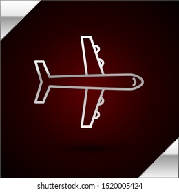 Silver line Plane icon isolated on dark red background. Flying airplane icon. Airliner sign.  Vector Illustration