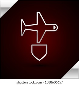 Silver line Plane with shield icon isolated on dark red background. Flying airplane. Airliner insurance. Security, safety, protection, protect concept.  Vector Illustration