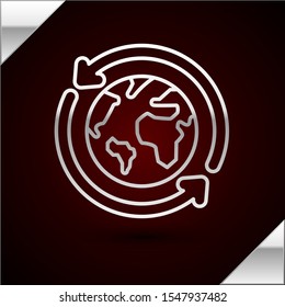 Silver line Planet earth and a recycling icon isolated on dark red background. Environmental concept.  Vector Illustration