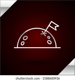 Silver line Planet with flag icon isolated on dark red background.  Vector Illustration