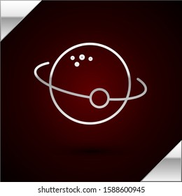 Silver line Planet icon isolated on dark red background.  Vector Illustration