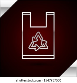 Silver line Plastic bag with recycle icon isolated on dark red background. Bag with recycling symbol.  Vector Illustration
