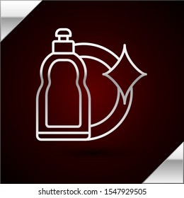 Silver line Plastic bottle for liquid laundry detergent, bleach, dishwashing liquid or another cleaning agent icon isolated on dark red background.  Vector Illustration