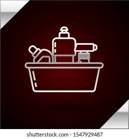 Silver line Plastic bottles for liquid laundry detergent, bleach, dishwashing liquid or another cleaning agent icon isolated on dark red background.  Vector Illustration