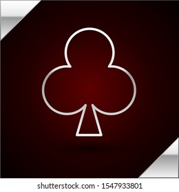 Silver line Playing card with clubs symbol icon isolated on dark red background. Casino gambling.  Vector Illustration