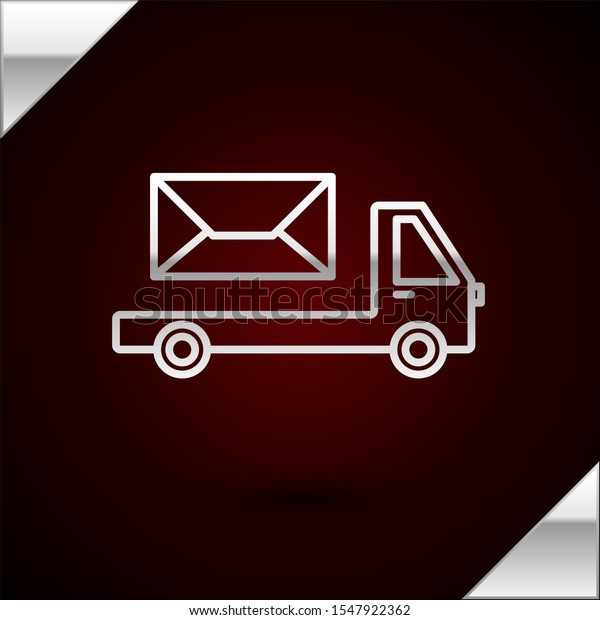 Silver line Post truck icon isolated on dark\
red background. Mail car. Vehicle truck transport with envelope or\
letter.  Vector\
Illustration