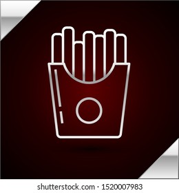 Silver line Potatoes french fries in carton package box icon isolated on dark red background. Fast food menu.  Vector Illustration