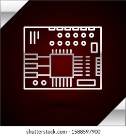 Silver line Printed circuit board PCB icon isolated on dark red background.  Vector Illustration