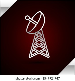 Silver line Radar icon isolated on dark red background. Military search system.  Vector Illustration