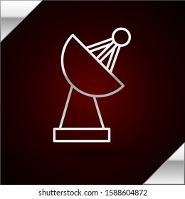 Silver line Radar icon isolated on dark red background. Search system. Satellite sign.  Vector Illustration