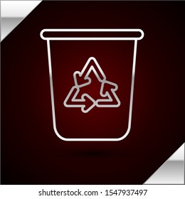 Silver line Recycle bin with recycle symbol icon isolated on dark red background. Trash can icon. Garbage bin sign. Recycle basket sign.  Vector Illustration