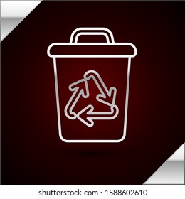 Silver line Recycle bin with recycle symbol icon isolated on dark red background. Trash can icon. Garbage bin sign. Recycle basket sign.  Vector Illustration