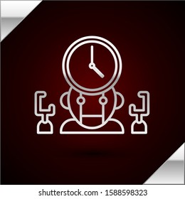 Silver line Robot and digital time manager icon isolated on dark red background. Time management assistance, workflow optimization help.  Vector Illustration