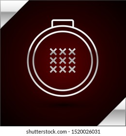 Silver line Round adjustable embroidery hoop icon isolated on dark red background. Thread and needle for embroidery. Vector Illustration Silver line Round adjustable embroidery hoop icon isolated on dark red background. Thread and needle for embroidery. Vector Illustration