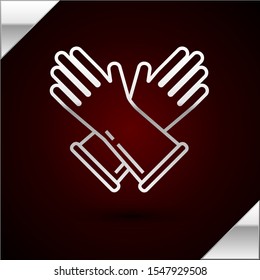 Silver line Rubber gloves icon isolated on dark red background. Latex hand protection sign. Housework cleaning equipment symbol.  Vector Illustration