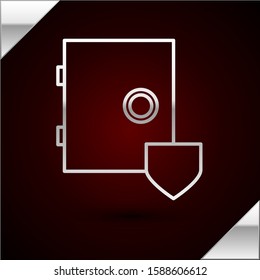 Silver line Safe with shield icon isolated on dark red background. Insurance concept. Security, safety, protection, protect concept.  Vector Illustration