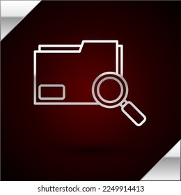 Silver line Search concept with folder icon isolated on dark red background. Magnifying glass and document. Data and information sign.  Vector Illustration