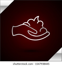 Silver line Shaving gel foam on hand icon isolated on dark red background. Shaving cream.  Vector Illustration