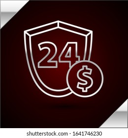 Silver line Shield with dollar symbol icon isolated on dark red background. Security shield protection. Money security concept.  Vector Illustration