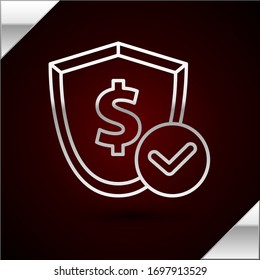 Silver line Shield with dollar symbol icon isolated on dark red background. Security shield protection. Money security concept.  Vector Illustration