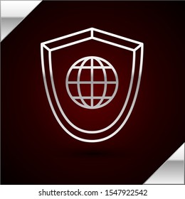 Silver line Shield with world globe icon isolated on dark red background. Security, safety, protection, privacy concept.  Vector Illustration