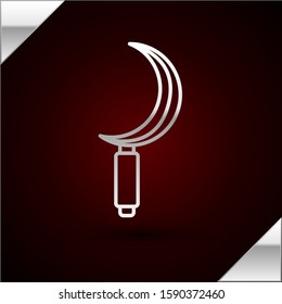 Silver line Sickle icon isolated on dark red background. Reaping hook sign.  Vector Illustration