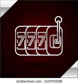 Silver line Slot machine with lucky sevens jackpot icon isolated on dark red background.  Vector Illustration