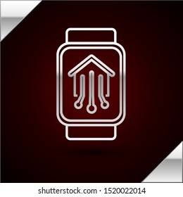 Silver line Smart home with smart watch icon isolated on dark red background. Remote control.  Vector Illustration