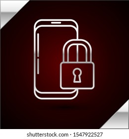 Silver line Smartphone with closed padlock icon isolated on dark red background. Phone with lock. Mobile security, safety, protection concept.  Vector Illustration