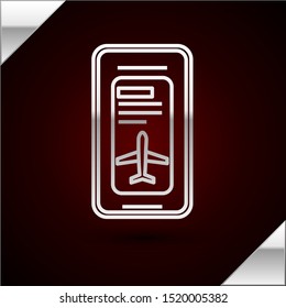 Silver line Smartphone with electronic boarding pass airline ticket icon isolated on dark red background. Passenger plane mobile ticket for web and app.  Vector Illustration