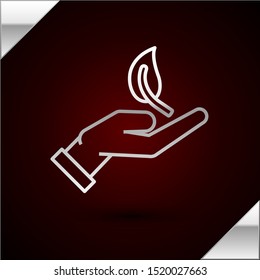 Silver line Sprout in hand of environmental protection icon isolated on dark red background. Seed and seedling. Planting sapling. Ecology concept.  Vector Illustration