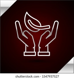 Silver line Sprout in hand of environmental protection icon isolated on dark red background. Seed and seedling. Planting sapling. Ecology concept.  Vector Illustration