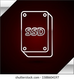 Silver line SSD card icon isolated on dark red background. Solid state drive sign. Storage disk symbol.  Vector Illustration