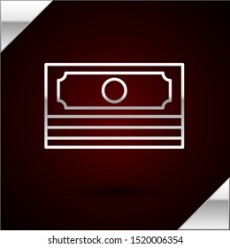 Silver line Stacks paper money cash icon isolated on dark red background. Money banknotes stacks. Bill currency.   Vector Illustration