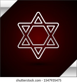 Silver line Star of David icon isolated on dark red background. Jewish religion symbol. Symbol of Israel.  Vector Illustration