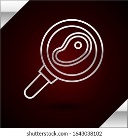 Silver line Steak meat in frying pan icon isolated on dark red background.  Vector Illustration