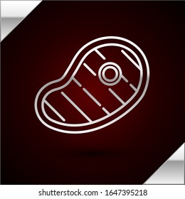 Silver line Steak meat icon isolated on dark red background.  Vector Illustration