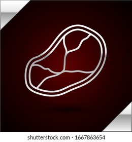 Silver line Steak meat icon isolated on dark red background.  Vector Illustration