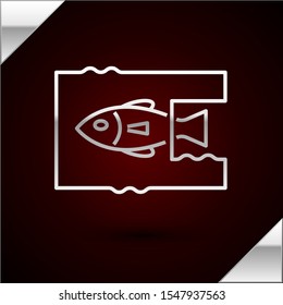 Silver line Stop ocean plastic pollution icon isolated on dark red background. Environment protection concept. Fish say no to plastic.  Vector Illustration