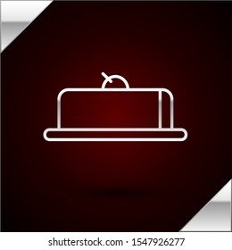Silver line Strawberry cheesecake slice with fruit topping icon isolated on dark red background.  Vector Illustration