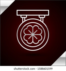 Silver line Street signboard with four leaf clover icon isolated on dark red background. Suitable for advertisements bar, cafe, pub.  Vector Illustration